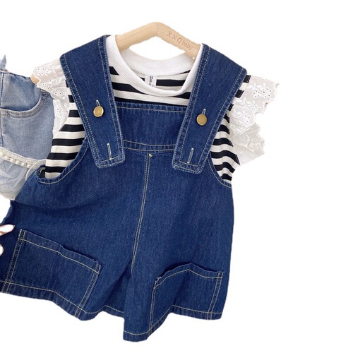 Girls denim suit summer new baby girl sleeveless ear-hem top denim overalls two-piece set