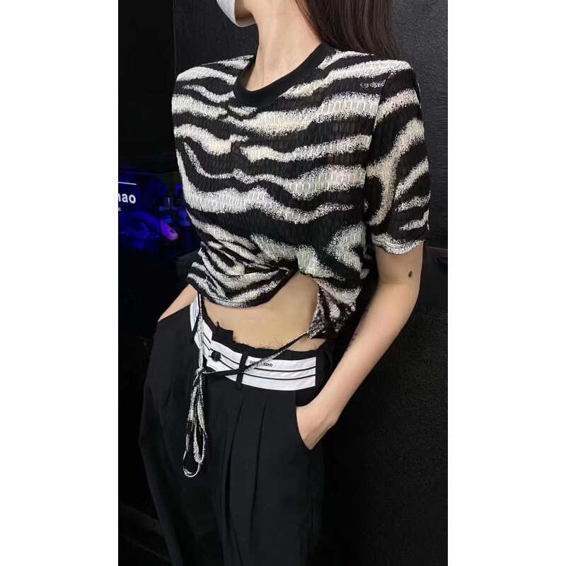 2023 Summer New Korean Style Design Sense Niche Striped Print Lace-up Short Top Short-sleeved T-shirt for Women 2023 Summer New Korean Style Design Sense Niche Striped Print Lace-up Short Top Short-sleeved T-shirt for Women