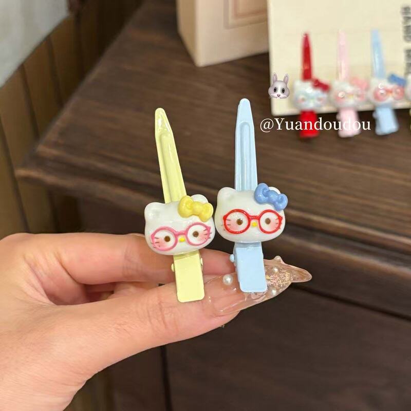 可爱卡通眼镜kt猫日系刘海侧边夹甜美发夹少女鸭嘴一字发饰夹批发|undefined