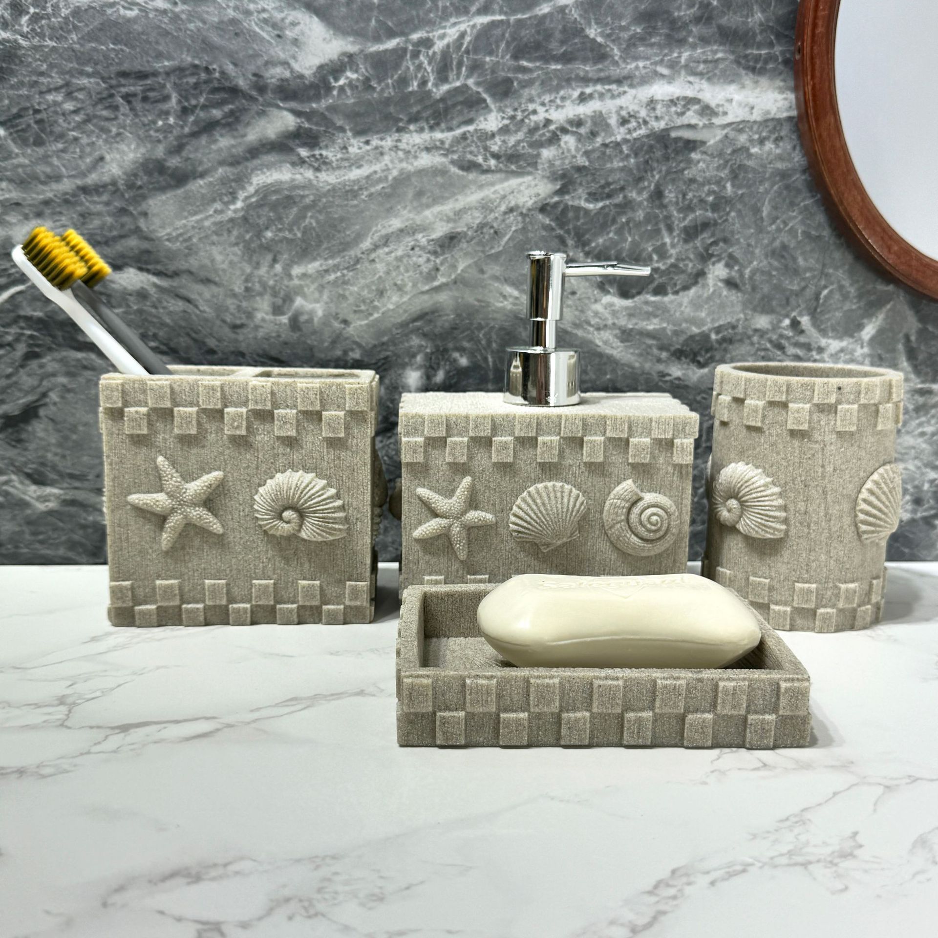 Conchas de piedra arenisca imitación diseño de baño set de baño de resina hotel set de cuatro piezas decoración de baño taza