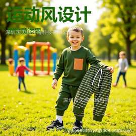跨境纯棉男童绿色卫衣套装 中小童春秋款撞色口袋两件套休闲童装