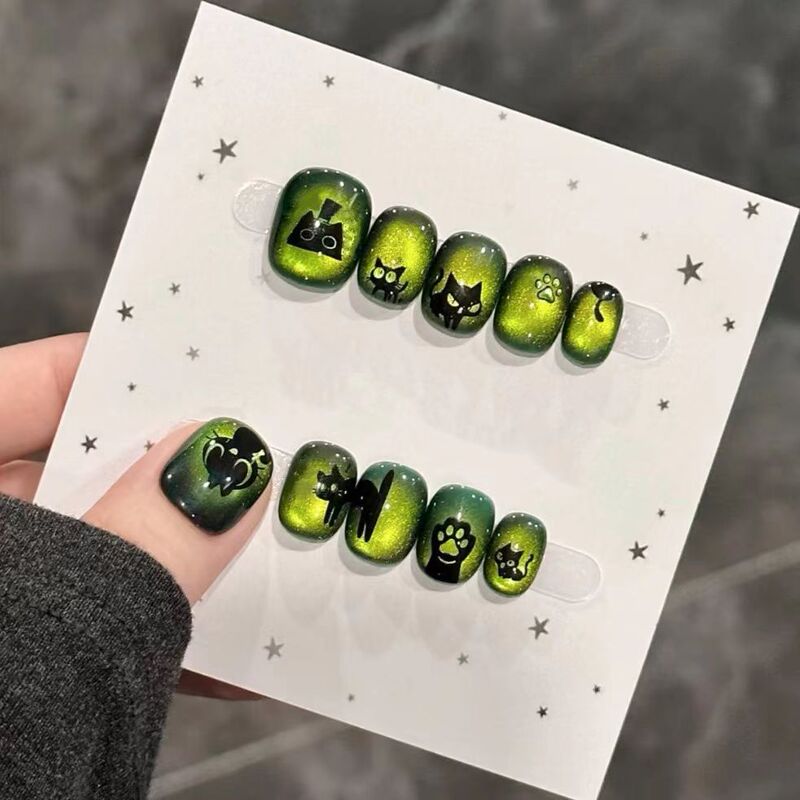 Green Cat Eye Black Cat Wearable Nails Halloween Atmosphere Sweet Cool Style Personalized Beauty Fake Nail Stickers Cross-Border Factory Green Cat Eye Black Cat Wearable Nails Halloween Atmosphere Sweet Cool Style Personalized Beauty Fake Nail Stickers Cross-Border Factory