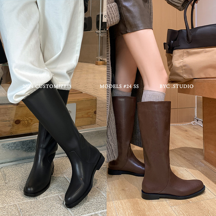 Cowhide Knight Boots Women's High Boots Autumn and Winter New Genuine Leather Round Toe Low Heel Sleeve Knee Boots Women's Straight Boots