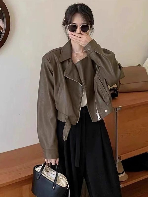 春秋时尚显瘦皮衣短款皮衣外套女气质翻领小个子PU皮显瘦百搭夹克|undefined