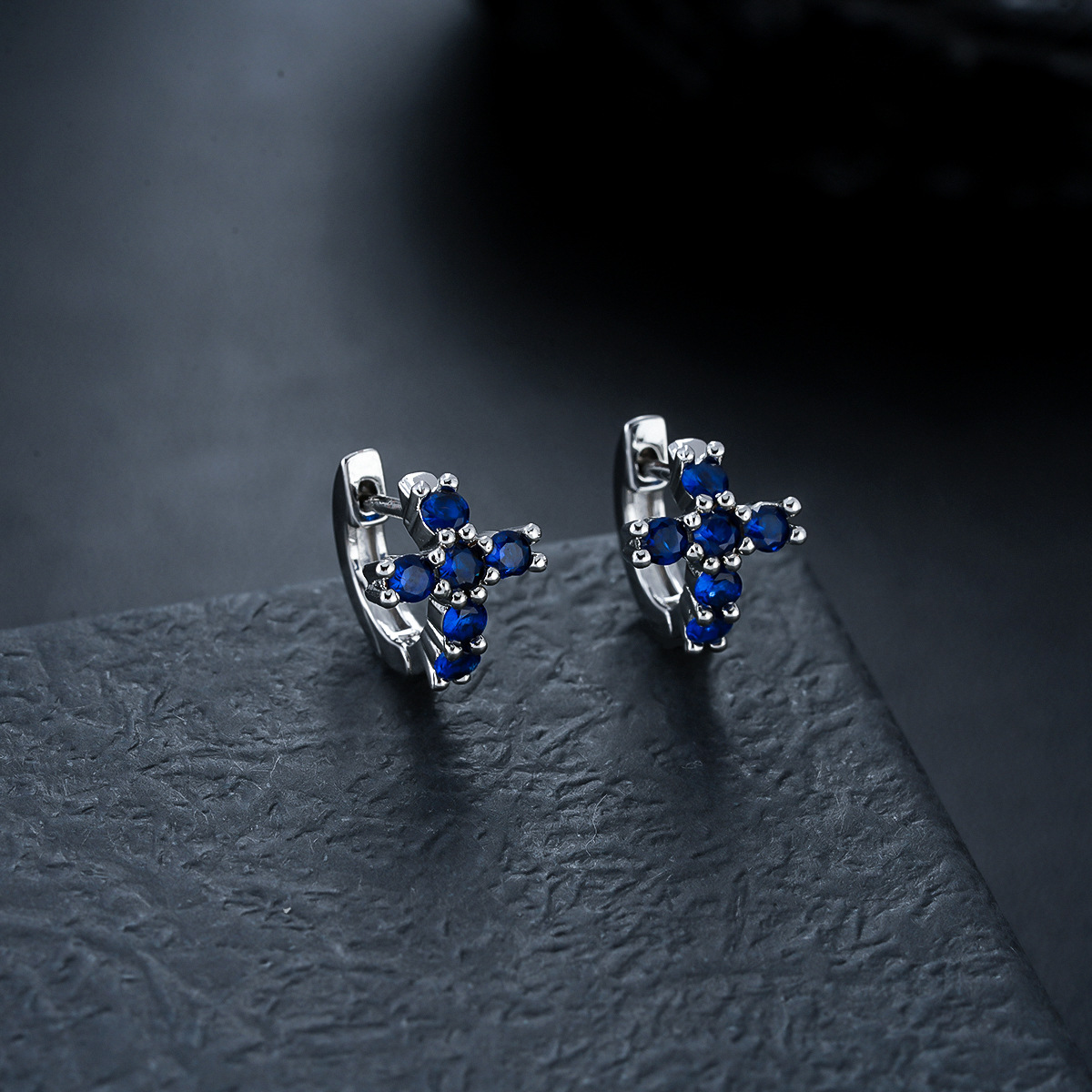 X1077-C (blue zirconium cross earrings) silver pair