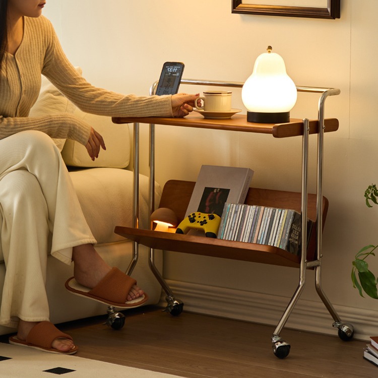 Antique solid wood side table, vintage movable small cart, living room sofa coffee table, cherry wood bookshelf, display rack