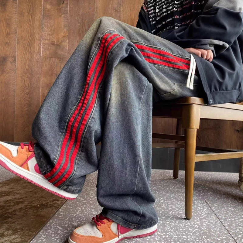 American Retro Three-Stripe Jeans for Men, Spring and Autumn Trendy Straight-Leg Pants, Washed Loose Wide-Leg Trousers, Export