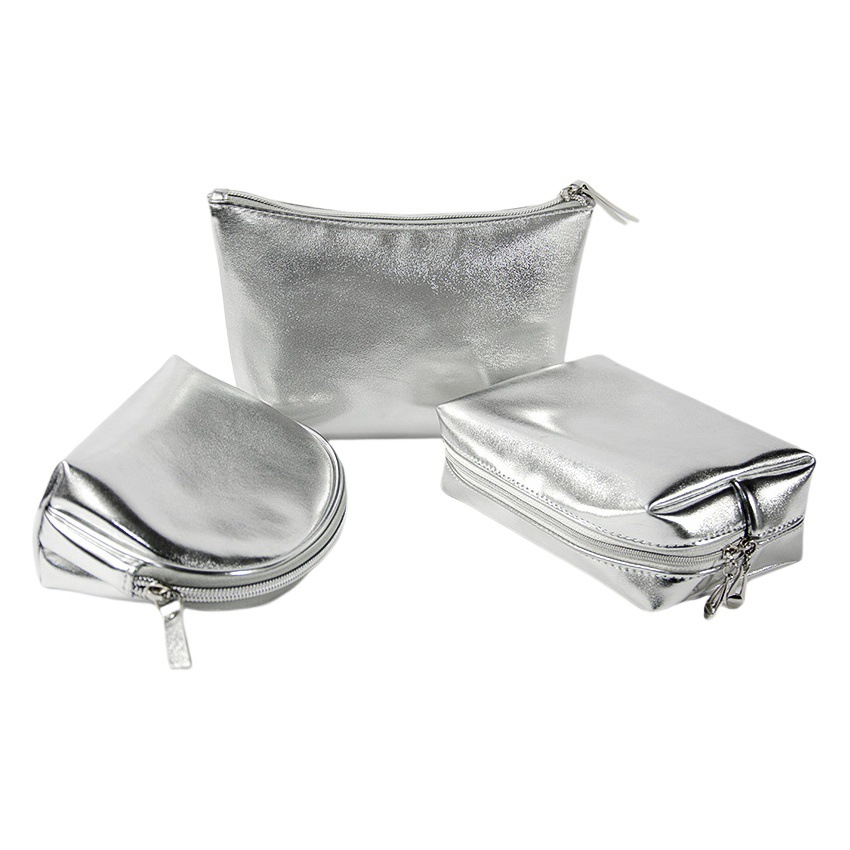 Cross-border Korean-style silver soft leather cosmetic bag three-piece women's wash bag high-grade waterproof women's cosmetic bag customization