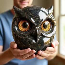 跨境新品Luxury Owl Stone Sculpture奢华猫头鹰石雕摆件树脂满月