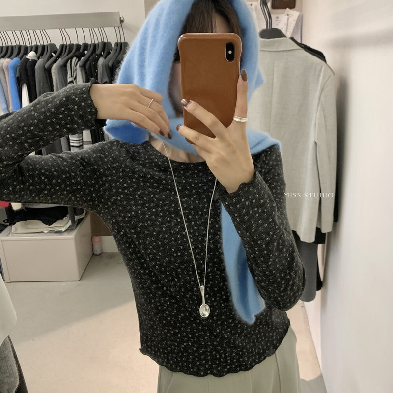 miss密思2025秋季新款韩版碎花修身显瘦圆领上衣女长袖t恤打底衫|undefined