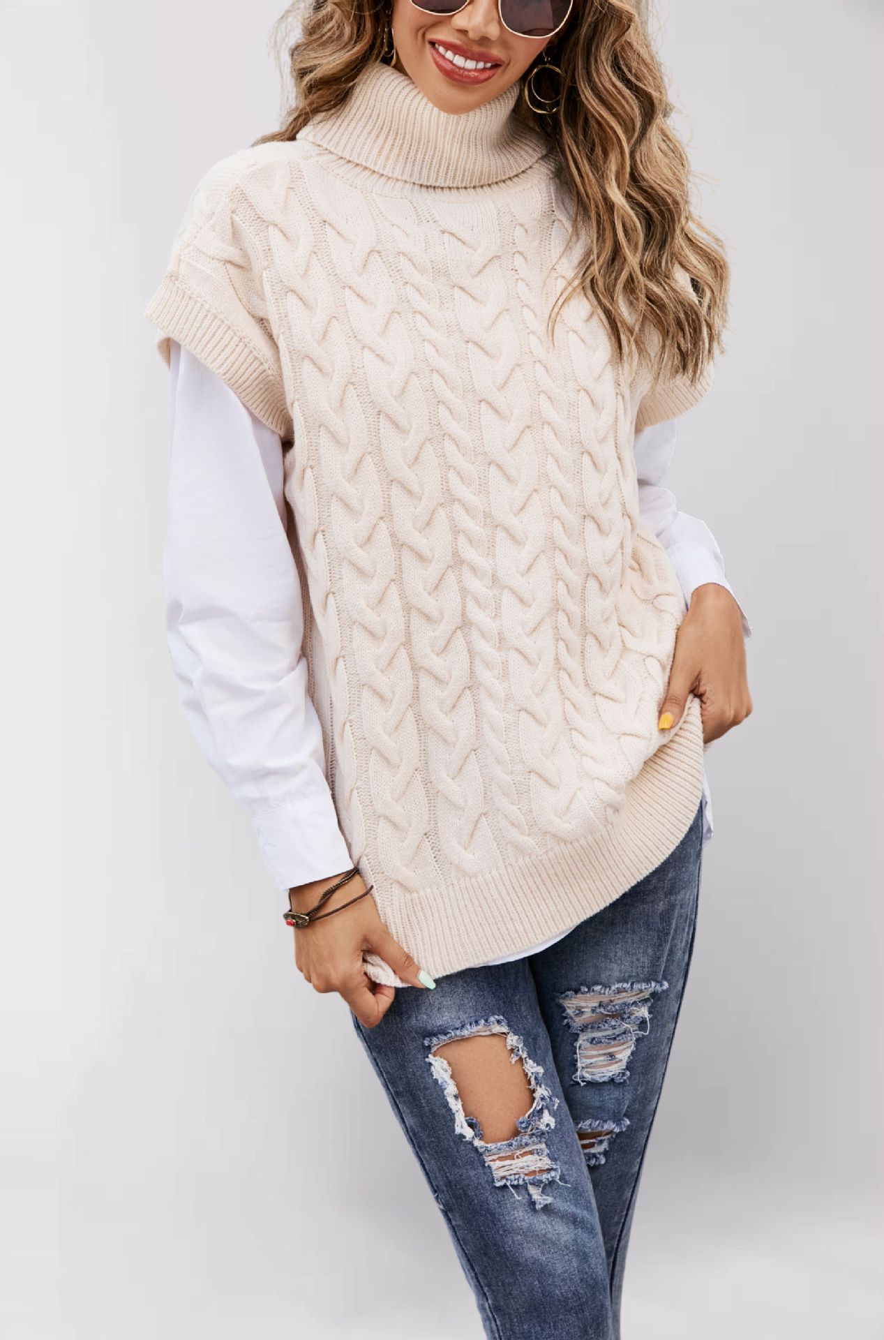 Suéter de punto sin mangas con cuello alto y cordones, estilo holgado, para mujer, moda transfronteriza de comercio exterior Amazon, otoño-invierno 2026 image 10