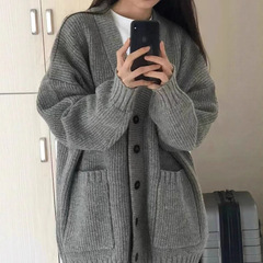 灰色中长款毛衣外套女春秋外搭外穿慵懒复古奶系穿搭秋冬针织开衫