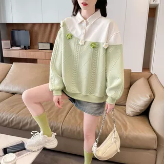 假两件拼接卫衣女春秋薄款小众设计感立体小花宽松遮肉polo领上衣