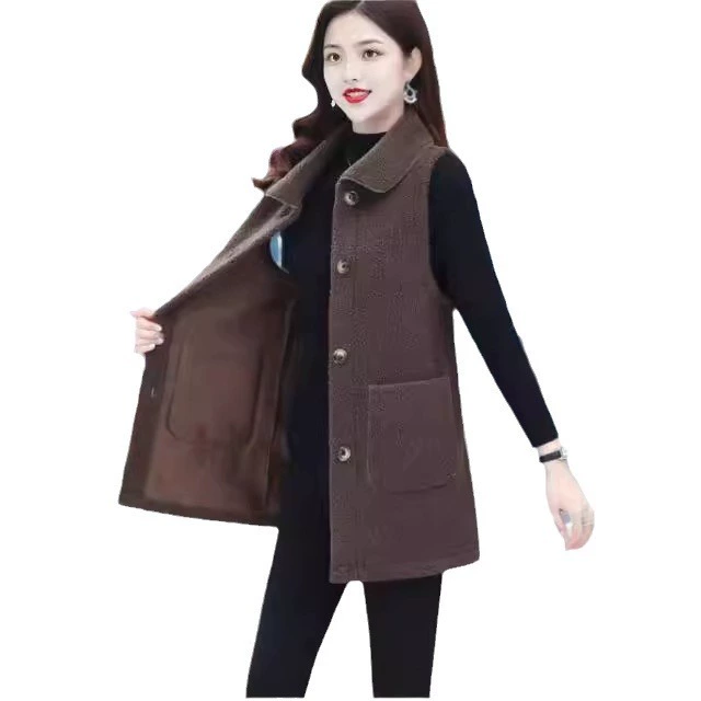 Mid‑length sleeveless vest, spring long jacket, button front with pockets, sizes XL–5XL
