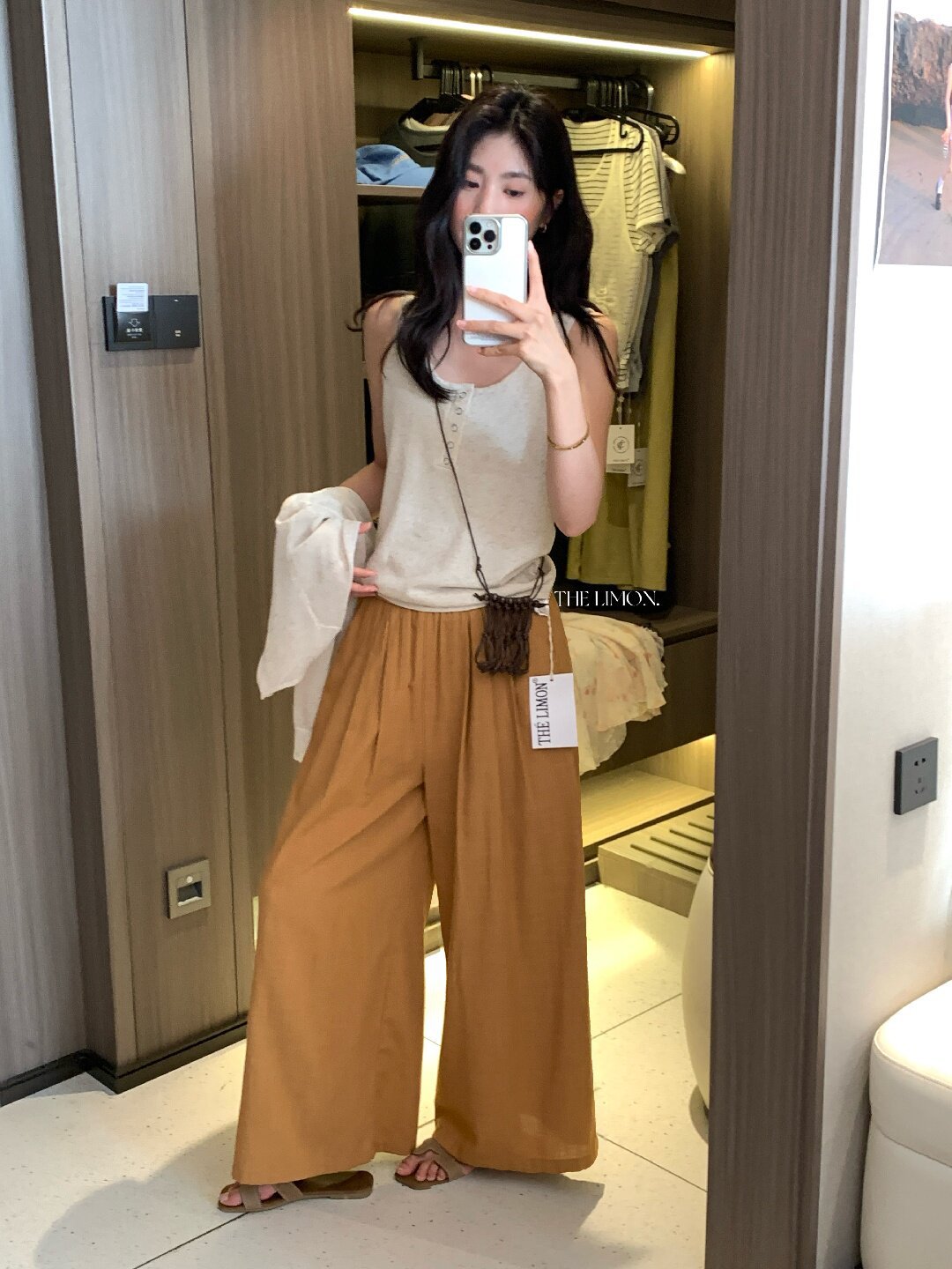 Quần ống rộng nữ vải linen phối cotton dáng suông mùa hè — Xám gạo, Xanh xám nhạt, Xanh đen, Cam bí ngô chi tiết 65