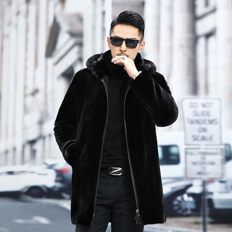 Imitation Mink Fur Coat for Men, Full-Length, Long-Sleeved, Windbreaker Style, Hooded, Zippered, New Autumn and Winter Model, Young Style, Warm
