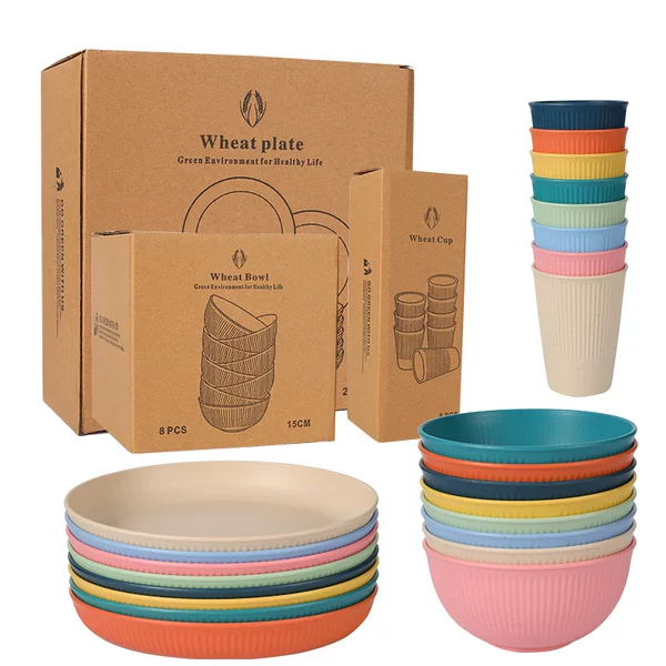 Cross-border Wheat Straw Vertical Bowl Cup Plate 4 Pack Household Tableware Salad Soup Bowl Dinner Plate Water Cup Gift Set