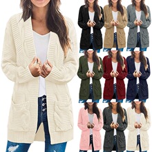 欧美秋冬女装针织新款跨境宽松纯色麻花毛衣亚马逊口袋针织衫外套