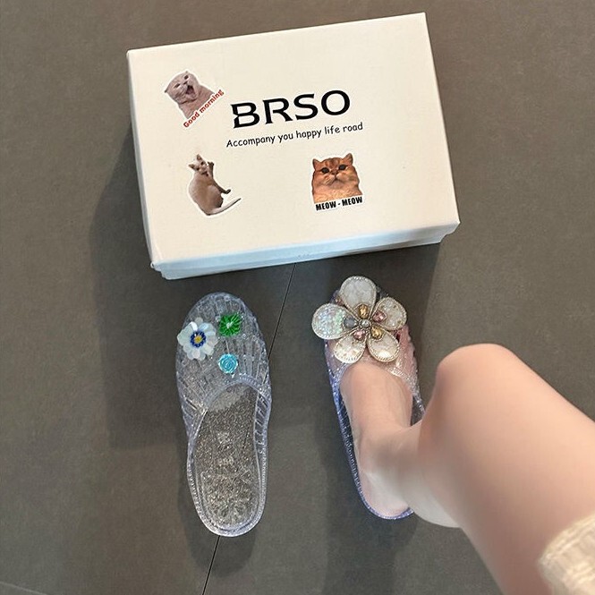 Korean Jelly Shoes for Women with Rhinestones, Floral Crystal Closed-Toe Slippers, Crystal Shoes, Beach Shoes, Summer Home Shoes, Sandals
