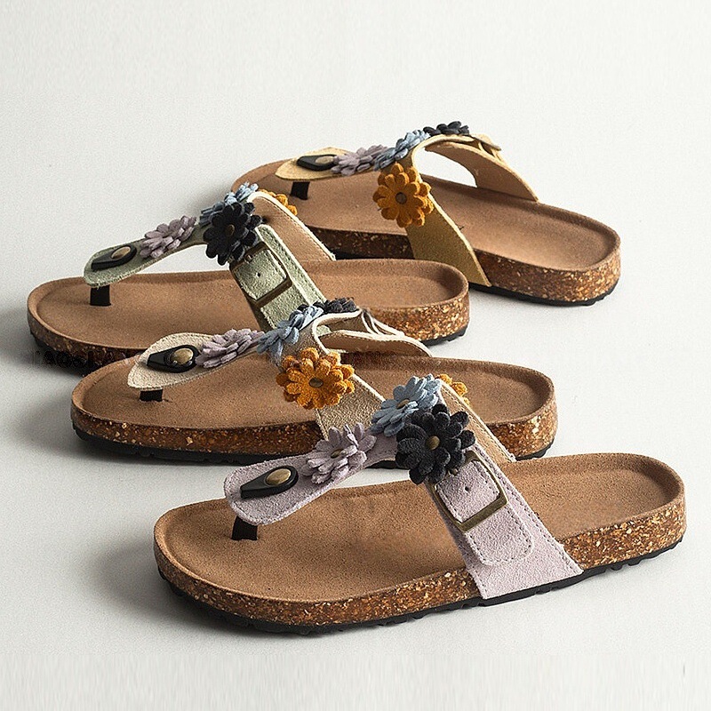 Retro Bohemian Style Floral Flip-Flops for Women, Summer Cork-Soled Non-Slip Outdoor Wear Vacation Beach Sandals