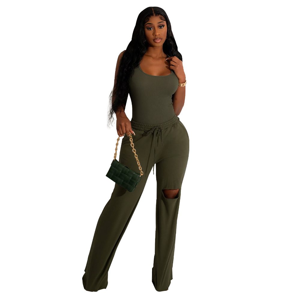 K Women's Solid Color U-neck Jumpsuit With Ripped Wide Leg Pants Set New_voghion.com