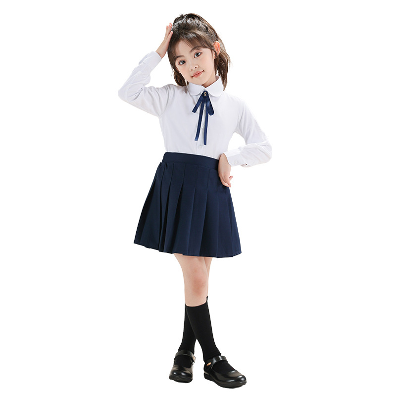 Traje de camisa blanca para niñas Camisa blanca de manga larga estilo universitario para niños Falda plisada Ropa de actuación de jardín de infantes para estudiantes de primaria