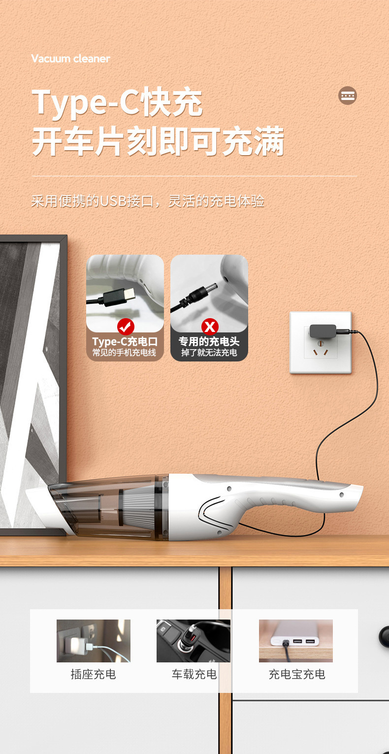 Wireless Charging Vacuum Cleaner, Portable Handheld Vacuum Cleaner for Home and Car Use, Strong Suction, High-Power Vacuum Cleaner, Cross-Border