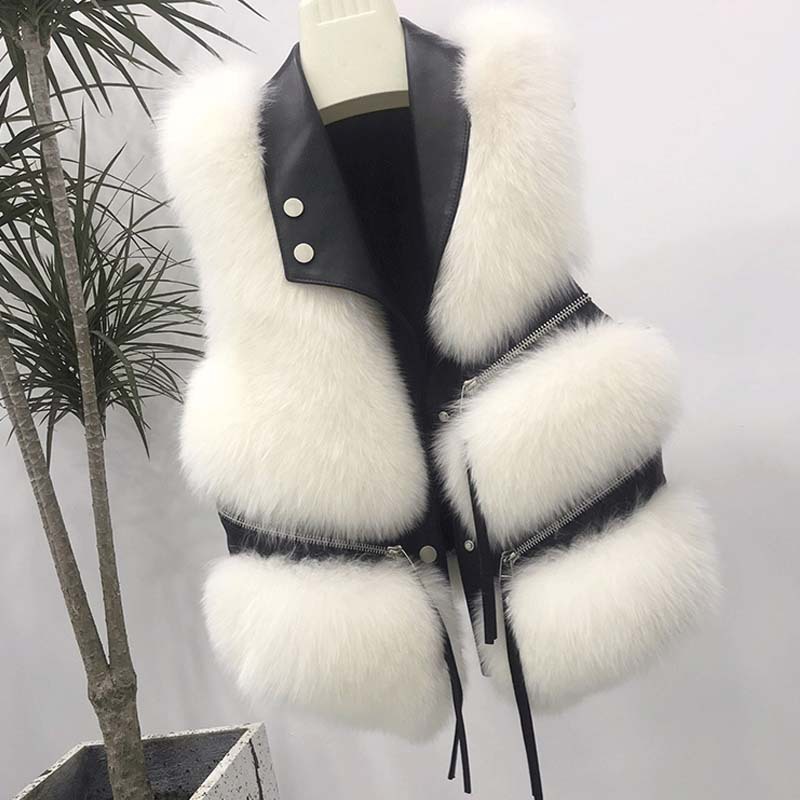 Women's Clothing Fur Vest Lapel Zipper Short Stitching Fur Fashion High end Jacket_voghion.com