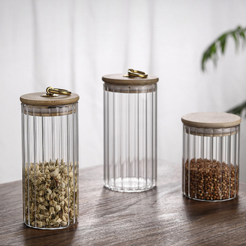 En stock patrón vertical de borosilicato redondo sellado tarro de té hogar transparente frasco de almacenamiento de vidrio botella de almacenamiento de dulces