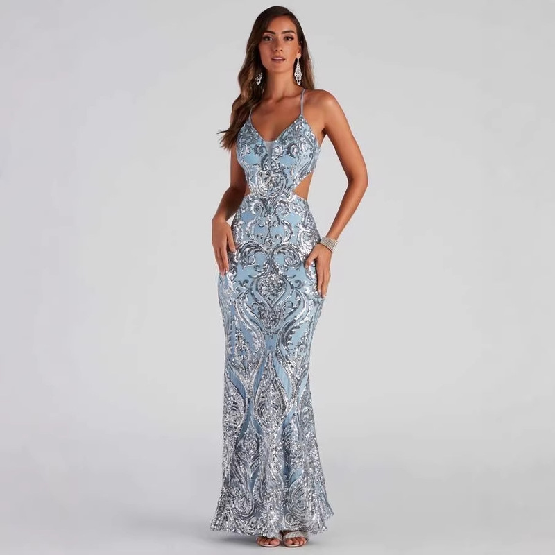 Cross-Border New European and American Style Sexy V-Neck Sequin Evening Dress Elegant Banquet Party Dress Cross-Border New European and American Style Sexy V-Neck Sequin Evening Dress Elegant Banquet Party Dress