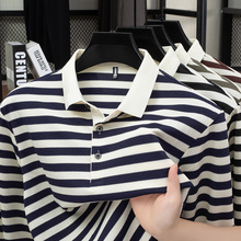 秋季新款条纹菠萝格翻领男士长袖polo衫高端轻奢休闲宽松百搭上衣