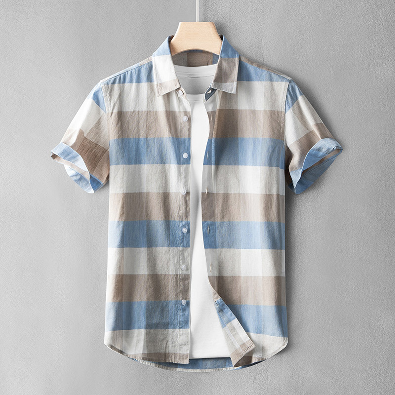 Camisa casual de lino juvenil Camisa de manga corta a cuadros a juego de color para hombre Camisa delgada a cuadros floral delgada de algodón y lino media manga verano