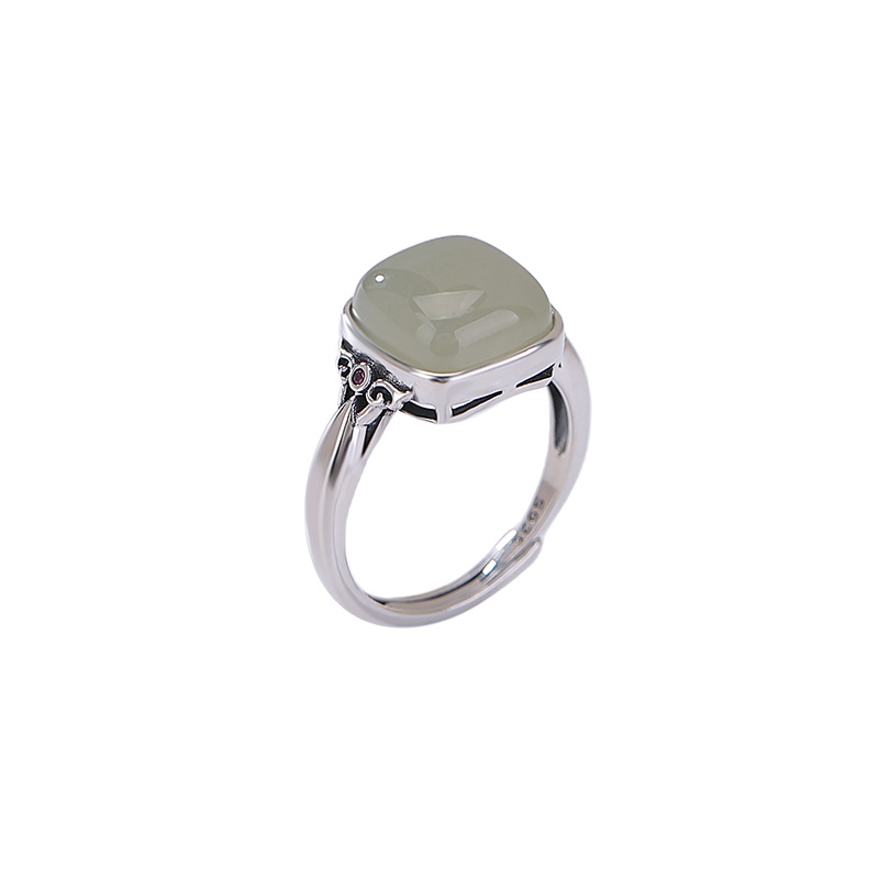 Nhẫn bạc S925 đính ngọc Hetian tự nhiên phong cách vintage mặt vuông đơn giản — một mảnh