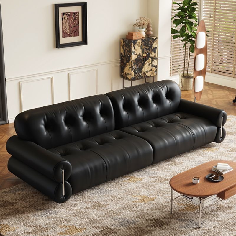 French-Style Black Sugar Cloud Light Luxury Black Sofa for Living Room, Top-Layer Cowhide Straight-Line Retro Straight-Line Sofa, Italian Style