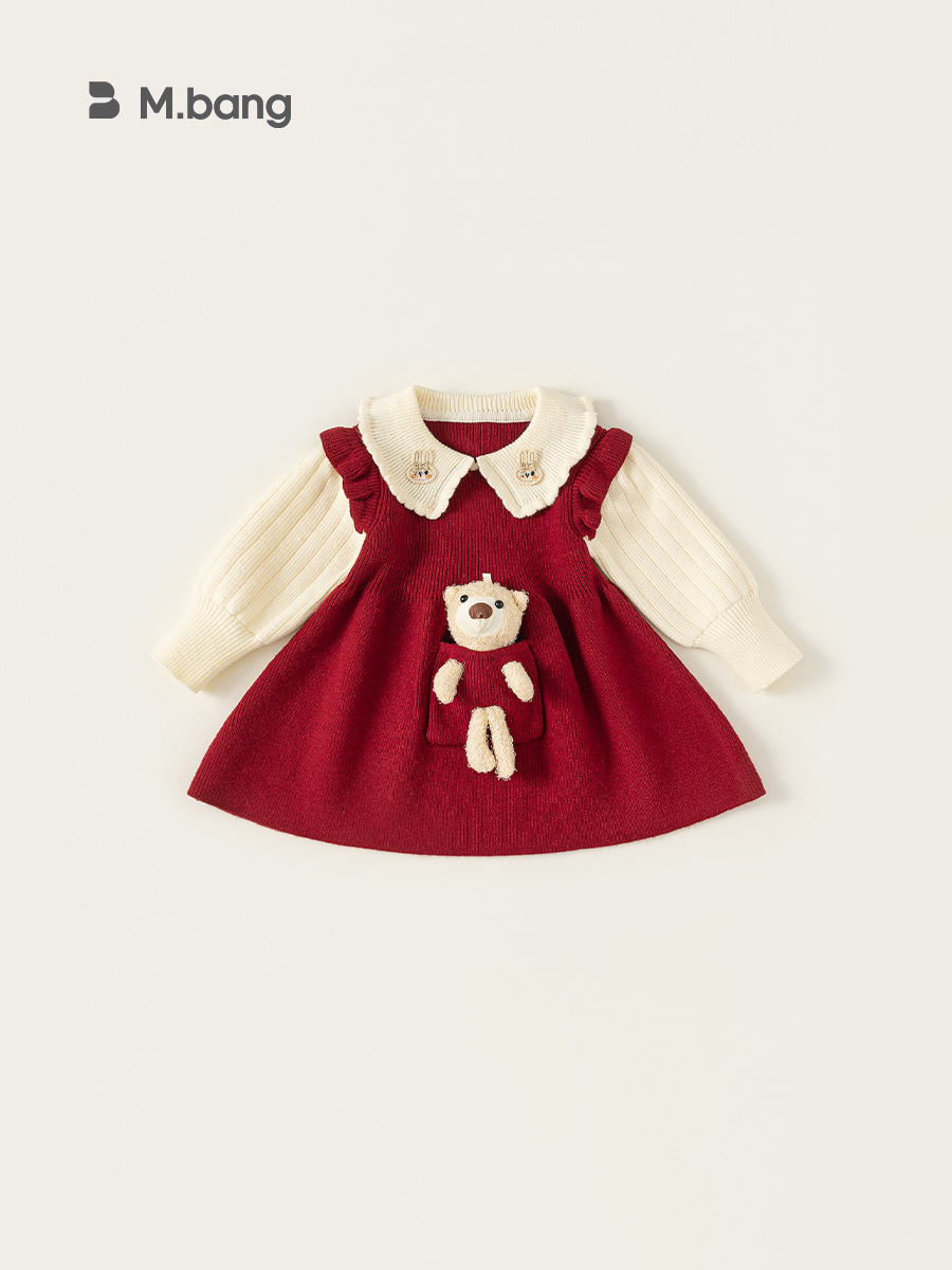 Ropa infantil youbao vestido de niña primavera y otoño falda tridimensional de niña oso falda de niña suéter de punto infantil falda a image 5