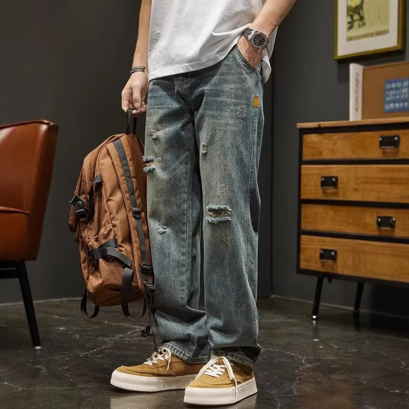 American-Style Casual Cool Washed Vintage Ripped Jeans for Men, Straight Loose Trendy Versatile Wide-Leg Dad Pants