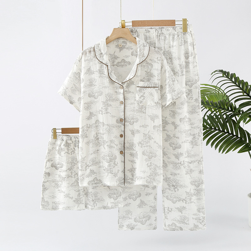 Custom Women's Pajamas Summer Cotton Yarn Three-Piece Short-Sleeved Trousers Shorts Summer Thin Pure Cotton Crepe Home Clothes Set