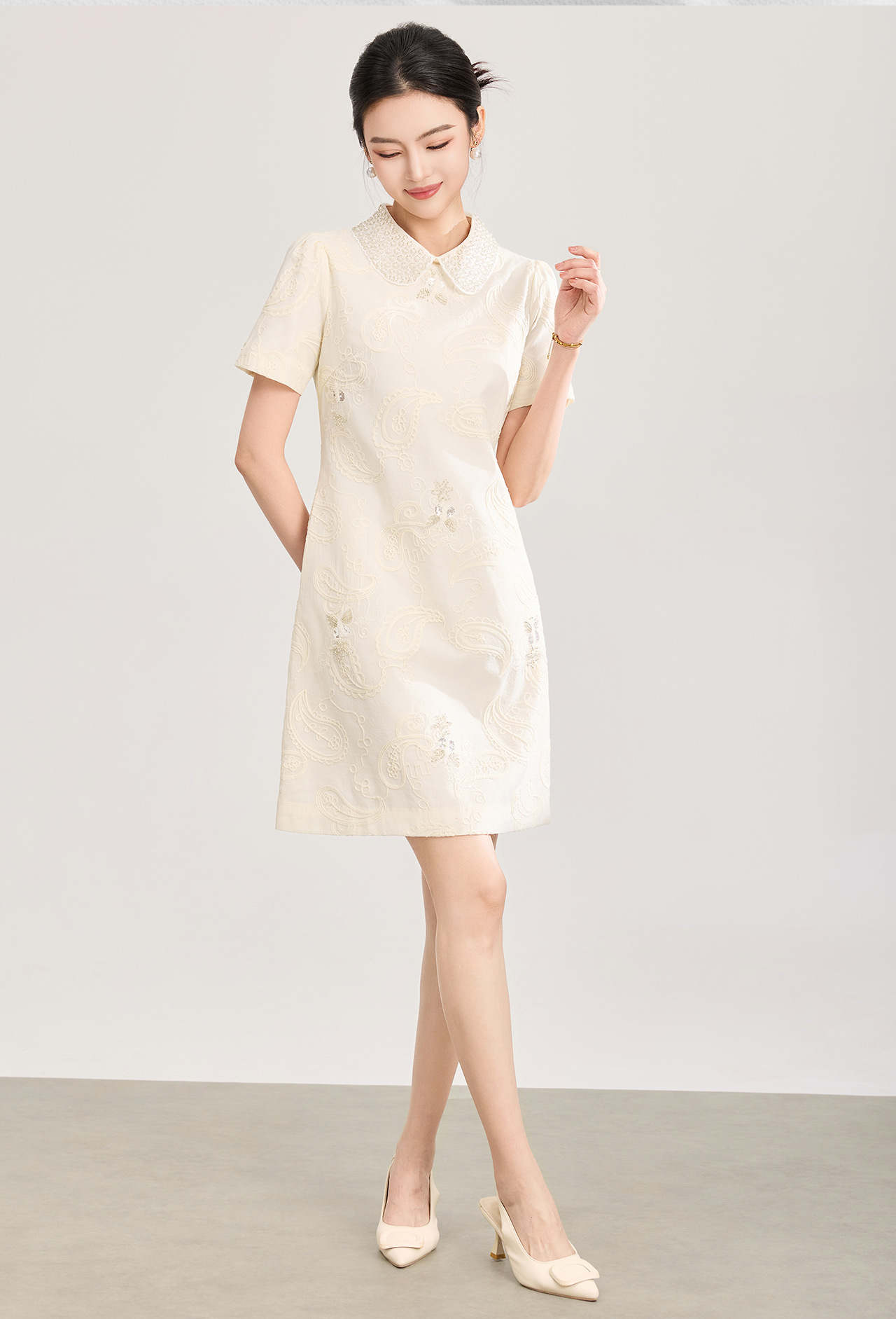 Đầm suông nữ midi cổ búp bê tay ngắn thêu ren đính cườm phong cách tiểu thư — màu sắc chi tiết 2