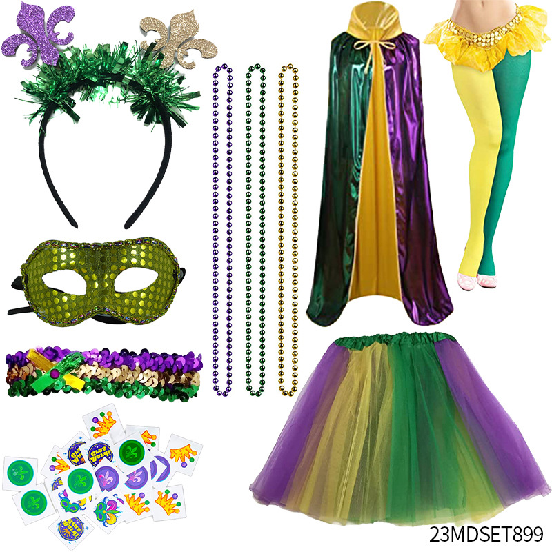 Accesorios para el Cabello de Carnaval de Mardi Gras, Máscara Tricolor, Corbata de Moño, Cadena de Cuentas Electrochapadas, Conjunto para Fiesta de Carnaval