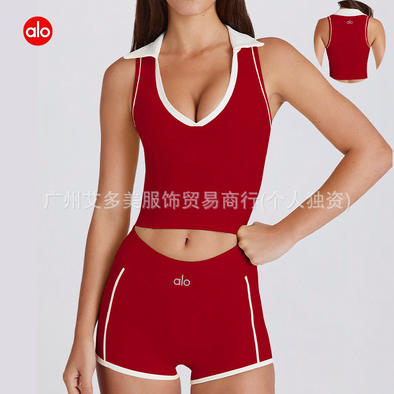 Alo Sleeveless Sports Pilates Fitness V Neck Top Vest with Chest Pad Contrasting Lapel Yoga Suit
