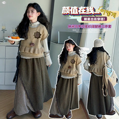 女童法式套装2025新款小女孩春秋木耳花边马甲流苏半身裙三件套潮