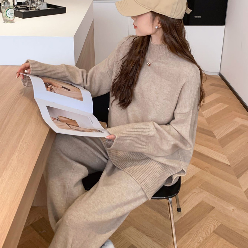 2024 New Fashion Casual Half-turtleneck Knitted Sweater suit Women's Split Top Loose Wide Leg Pants Two-piece Set 2024 New Fashion Casual Half-turtleneck Knitted Sweater suit Women's Split Top Loose Wide Leg Pants Two-piece Set