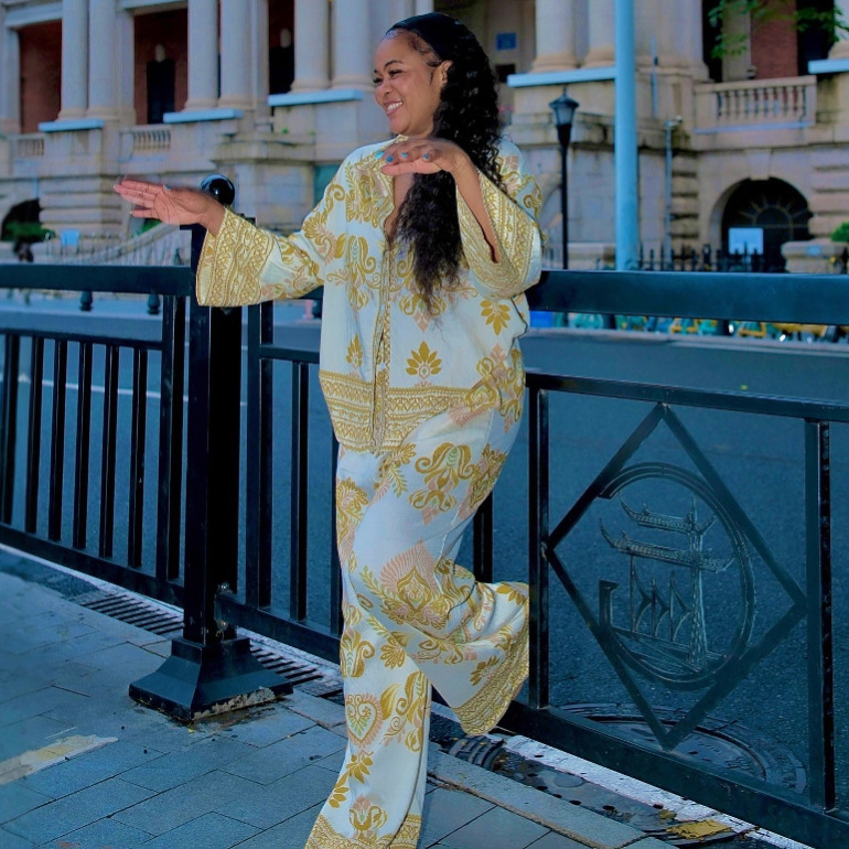 欧美女装长袖翻领印花衬衫阔腿长裤非洲大码洋气时尚宽松两件套女|undefined