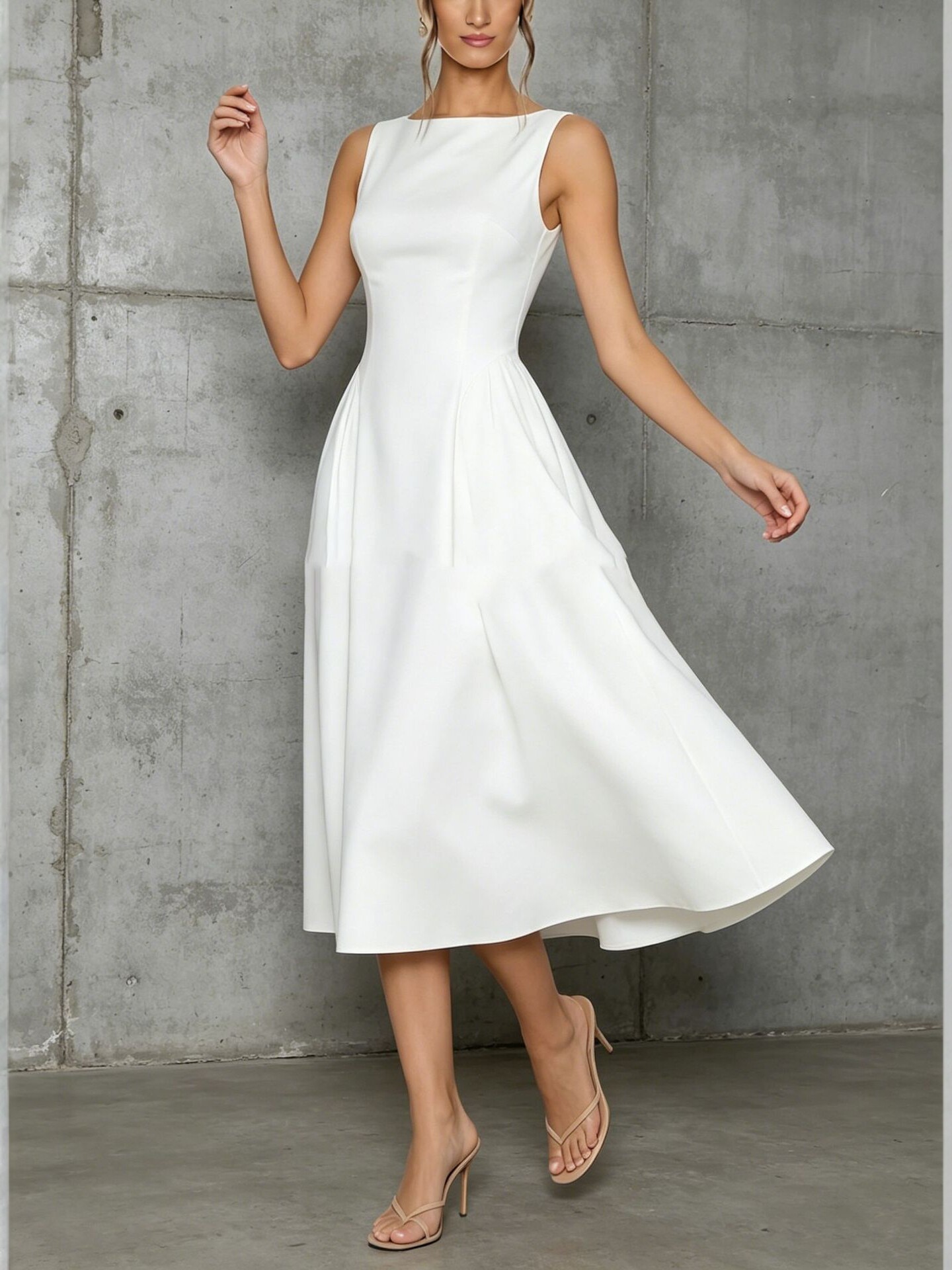 European and American Cross-Border New Style Sleeveless Waist-Cinching A-Line Dress, French Simple and Elegant Mid-Length Solid Color Gown