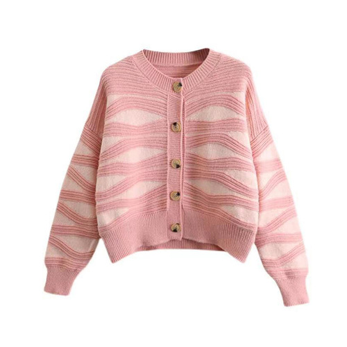 Sweet Retro Striped Knit Cardigan for Spring and Autumn, Round Neck Top for Women, Petite Short-Sleeve Cardigan