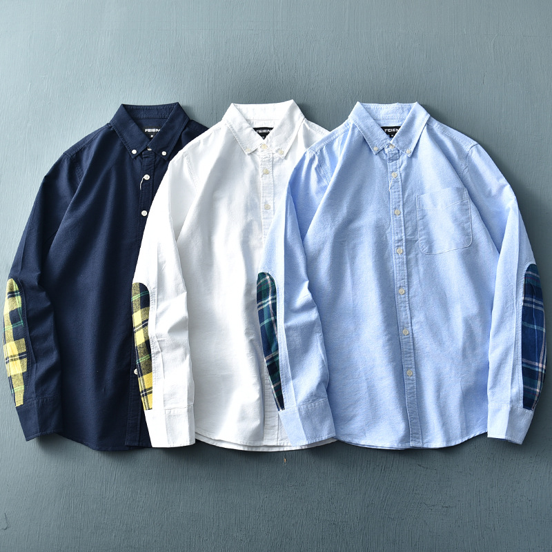 日系复古拼接衬衫男长袖余文乐男士衬衫百搭衬衣男外套上衣
