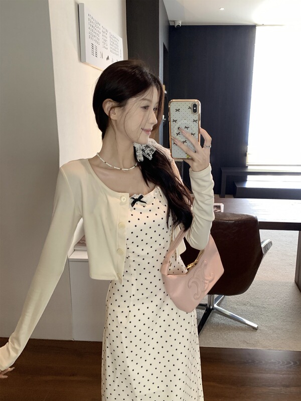 Korean Style Bow Polo Dot Sling dress Women's Spring 2025 New Tight Waist A- line Slimming Short Skirt