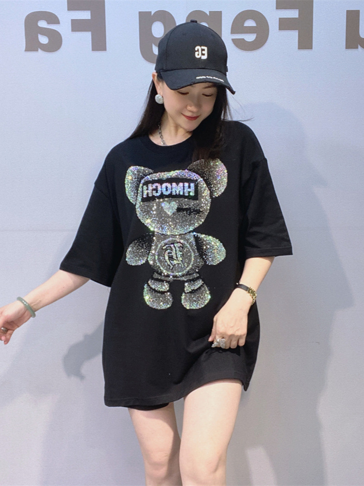 Camiseta Unisex de Manga Corta de Algodón Holgada con Pedrería para Verano