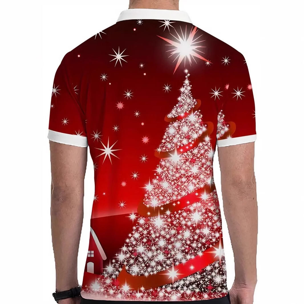 Venta caliente brillante árbol de Navidad estampado 3D hombres vacaciones ropa top suelta transpirable manga corta cremallera camisa POLO
