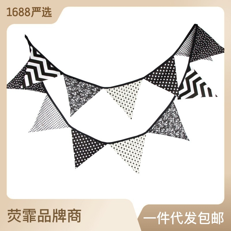 Black and White Gray Cotton Triangle String Banner Tent Flag Baby Photo Background Wedding Birthday Kindergarten Decoration Banner